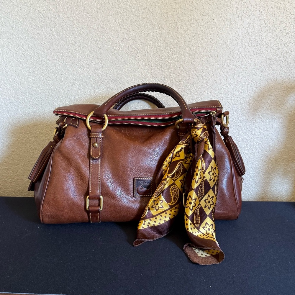 Dooney & Bourke Brown Leather Satchel with Yellow/Brown Scarf